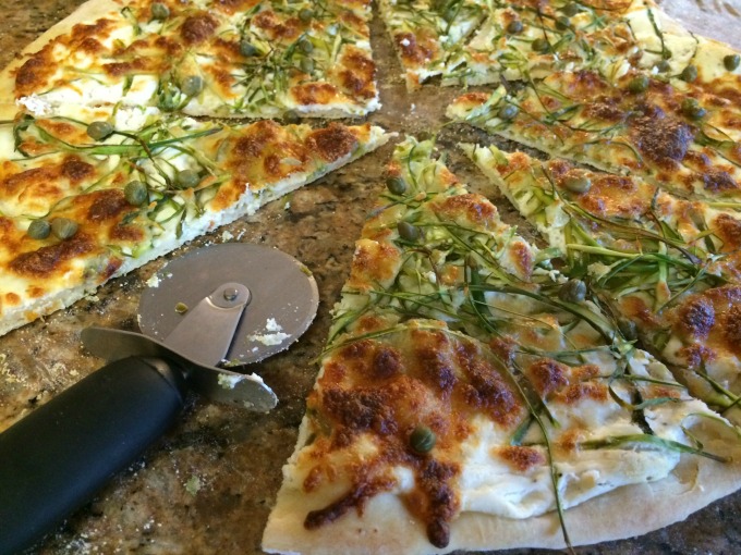 Pizza with Shaved Asparagus, Ricotta and Capers