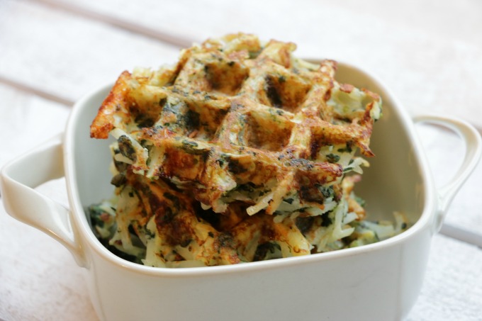 Soyrizo, Spinach Hash Brown Waffles with Sriracha Syrup